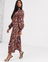 Thumbnail for your product : ASOS DESIGN DESIGN maxi satin tea dress with collar in abstract zebra print