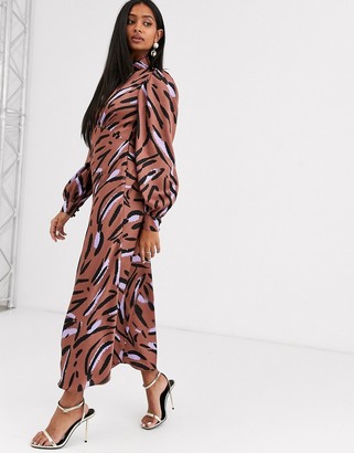 ASOS DESIGN DESIGN maxi satin tea dress with collar in abstract zebra print