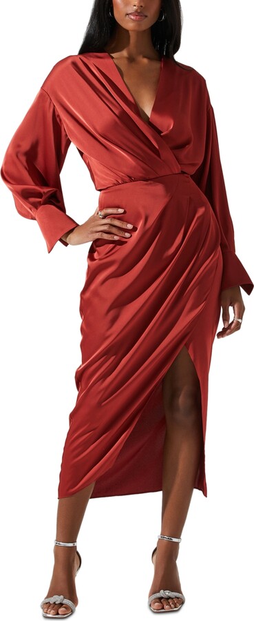 Textured Drape Blouson Sleeve Wrap Dress