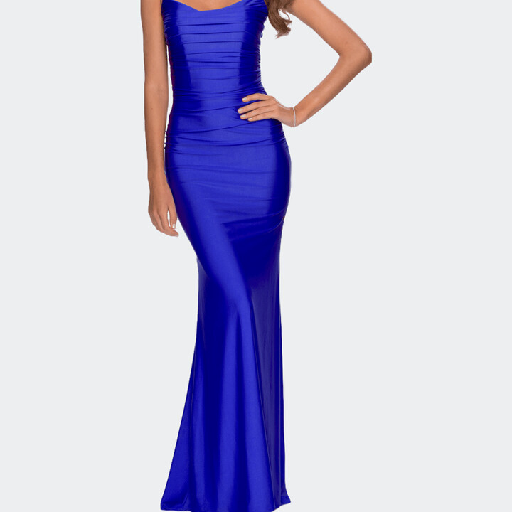 La Femme Long Ruched Jersey Dress with Thin Straps Blue ShopStyle