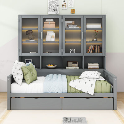Wooden Daybed with Integrated LED-Lit Glass-Door Cabinet, Shelves and Drawers