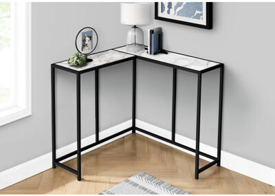 Modern Accent Table For Bedroom - Marble Look Laminate, Black Metal, Narrow Corner Entryway Living Room Contemporary Console &