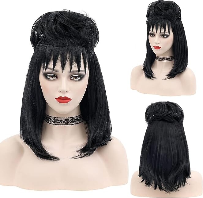 MUPUL Lydia Deetz Cosplay Costume Party Wig Bride Fluffy Buns curly Women's Black Medium Long straight Beetle Wig with bangs Halloween Costume Accessories