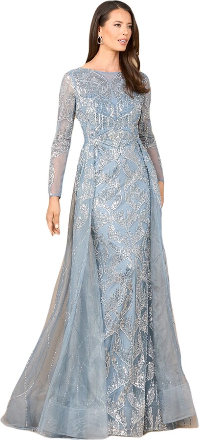 Lara Women's Long Sleeve Gown with Overskirt & High Neck