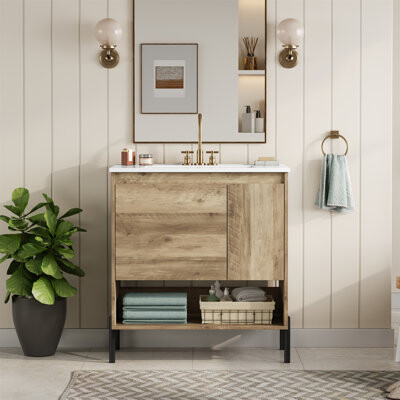 30" Bathroom Single Vanity with Ceramic Top, Soft-Close Cabinet and Open Shelf