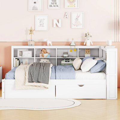 Latitude Run Wooden Full Size Daybed With 2 Drawers Storage Shelf And USB Charging Ports For Modern Bedrooms