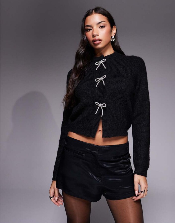 ASOS DESIGN diamante bow front cardigan in black