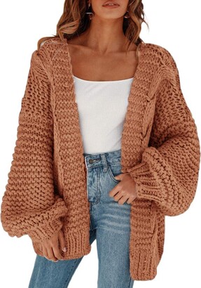 Chunky Knit Cardigan For Women - Oversized Open Front Sweater With Lantern Sleeves