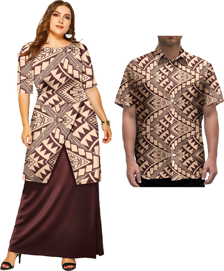 Fashion Trendy Plus Size Polynesian Tribal Dresses Elegant Women Elegant Party Long Dress Couple Clothes Set