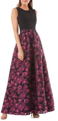 Carmen Marc Valvo Infusion Embellished Crepe & Brocade Gown