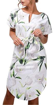 CoCo fashion Women's Casual V-Neck Floral Print Side Split Short Sleeve Belted Summer Dress