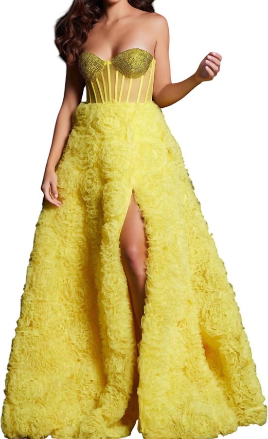 Embellished Illusion Bodice A-Line Gown In Yellow