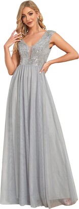 Ever-Pretty Women's V Neck Sequin A Line Floor Length Empire Waist A Line Tulle Long Evening Dresses Grey 8UK