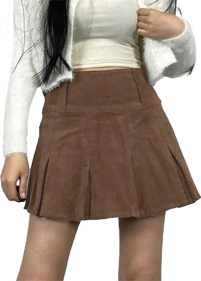 Koitniecer Tennis Pleated Skirts for Women Corduroy High Waist Mini Skirt  Solid Color Casual A line Skater Skirt (Brown - ShopStyle