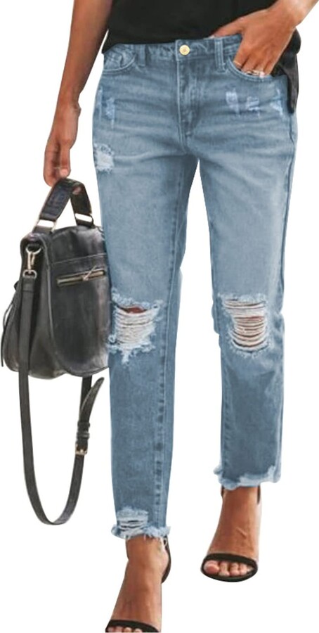GOSOPIN Women Destroyed Raw Hem Ripped Hole Ankle Jeans Slim Fit Boyfriend Straight Leg Loose 