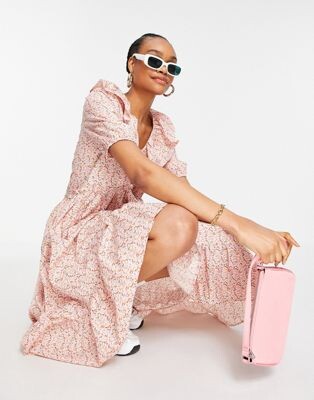 Y.A.S cotton midi dress with frill collar and pephem skirt in pink floral