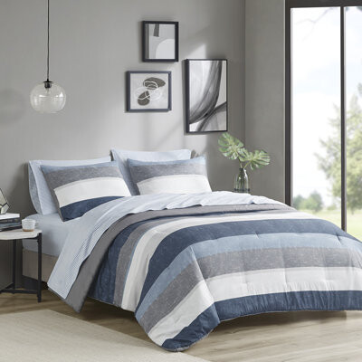 Jaxpety Modern Stripe Bedding Sets Hypoallergenic Polyester Casual Blue/grey Design For California King Bed
