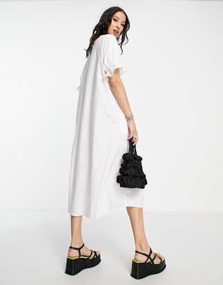 Object shirt dress with frill sleeve in white