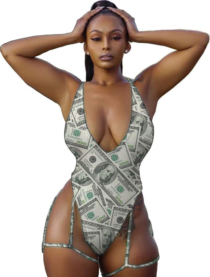 PURFANREE Womens One Piece Money Dollar Print High Cut Bodysuit