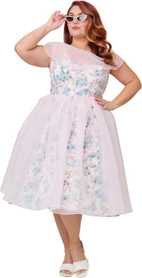 Unique Vintage Plus Size 1960s Modern Art Swing Dress - Pink blue floral print