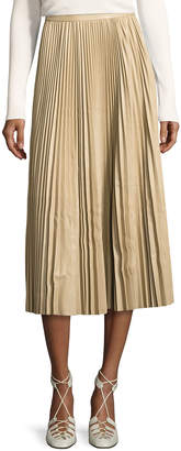 The Row Locle Pleated Leather Midi Skirt, Khaki