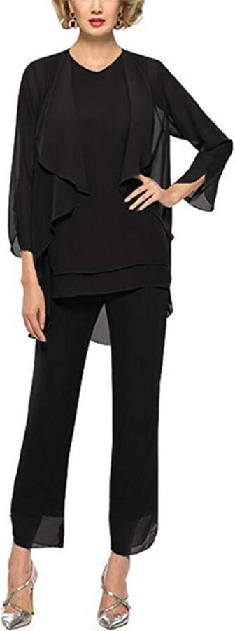 Leader of the Beauty Women's Pant Suits 3 Pieces Chiffon Jacket Outfit Plus  Size Full Sleeves Mother of The Bride Dress Black - ShopStyle