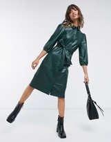 Thumbnail for your product : Vero Moda leather look midi dress with belted waist in dark green