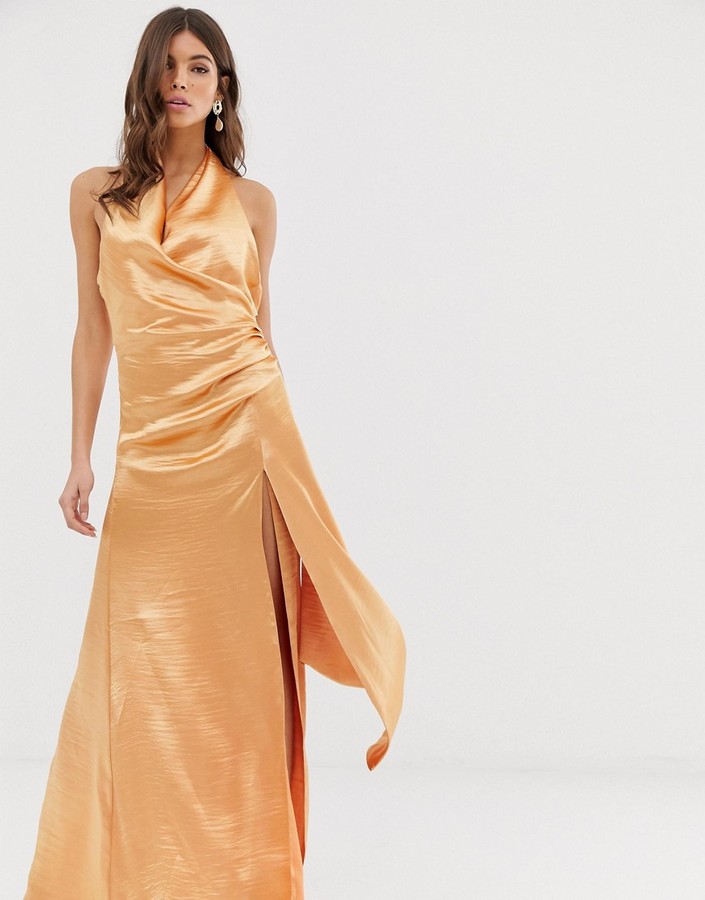 asos design midi dress with halter neck detail in high shine satin