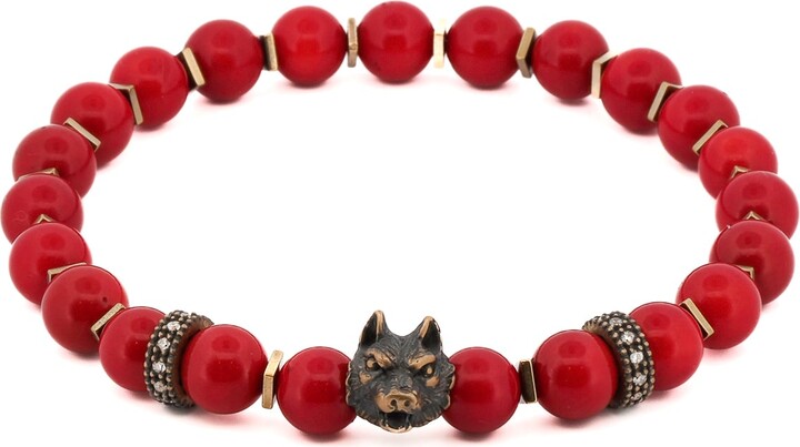 Ebru Jewelry Brown / Red Red Coral Spirit Wolf Men Bracelet - Red