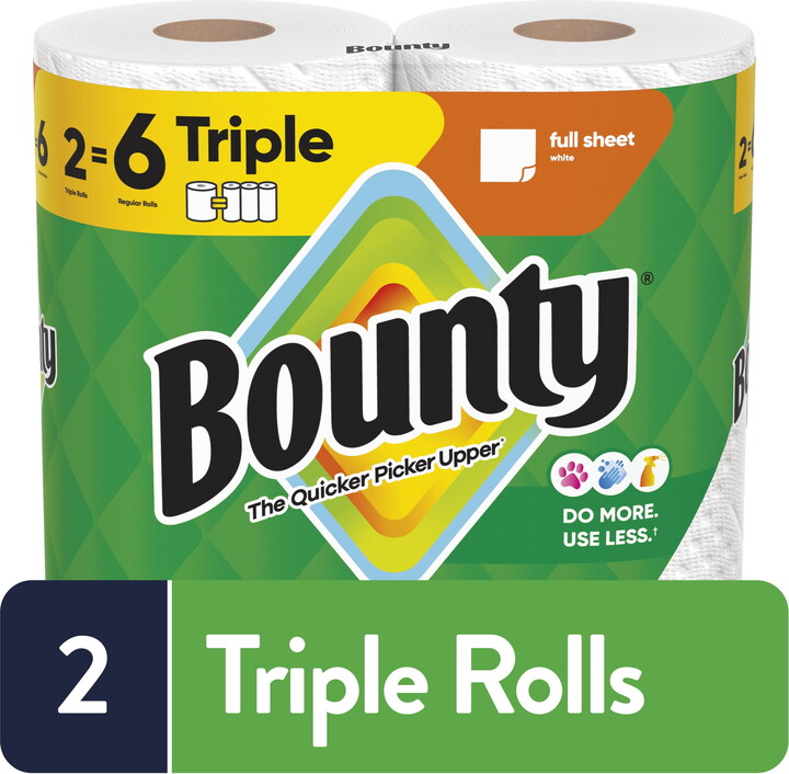 Bounty Paper Towels Full Sheet White, 2 Triple Rolls, 75 Sheets Per Roll