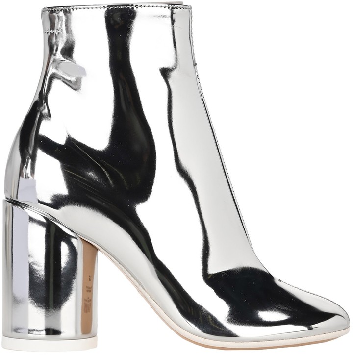 silver booties block heel