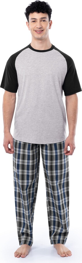 Fruit of the Loom Men's Raglan Short Sleeve T-shirt and Plaid Pajama Sleep Pant Set, Sizes S-2XL
