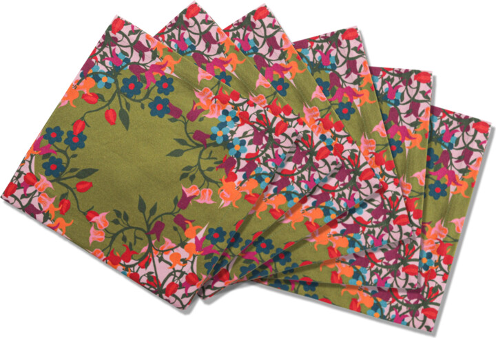 Sophie Williamson Design Green / Pink Set Of Six Napkins In Bold Flower Print On Green Offcut Version