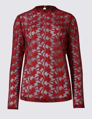 Marks and Spencer Cotton Blend Embroidered Mesh Blouse