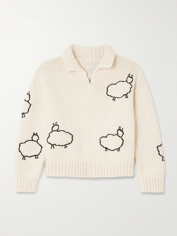 Mother The Crop Racquette Embroidered Wool And Cotton-blend Cardigan - Cream