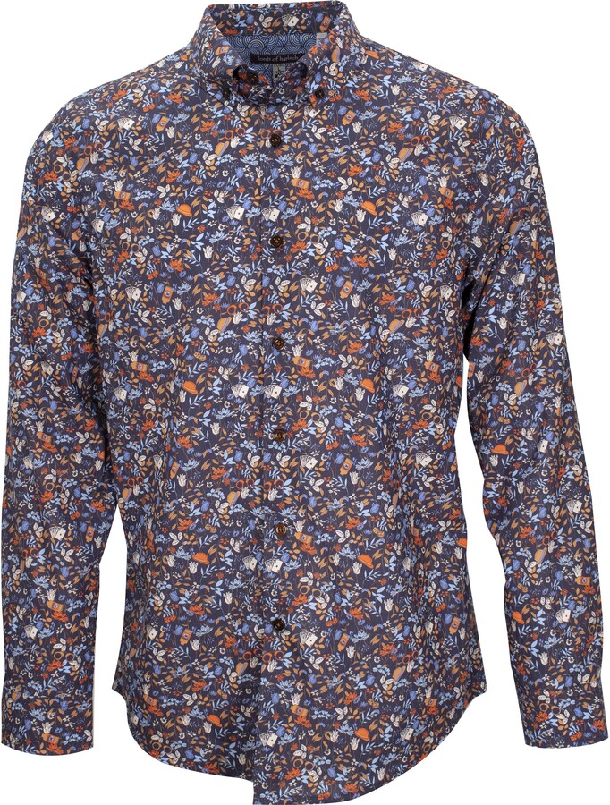 YUNY Mens Casual Printed Dark Floral Long Sleeve 3D Open Front Dress Shirt Navy Blue M