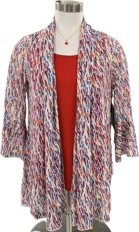 Multiples Print Mesh Open Cardigan In Ivory/red/blue