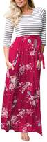 Thumbnail for your product : FOUNDO Women's Floral 3/4 Sleeve Stripe Round Neck High Waist Maxi Dress XL