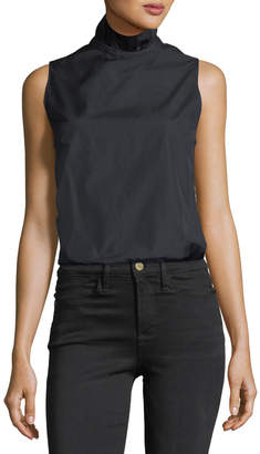 Frame Ruffled-Neck Button-Back Sleeveless Poplin Shirt
