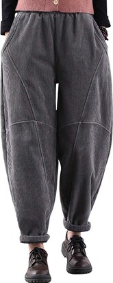 Youlee Women's Elastic Waist Harem Pants Cotton Corduroy Trousers Grey