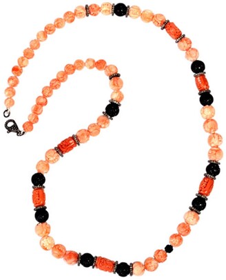 Artisan Carved Onyx Gemstone Diamond 925 Sterling Silver Beaded Necklace Gift Jewelry