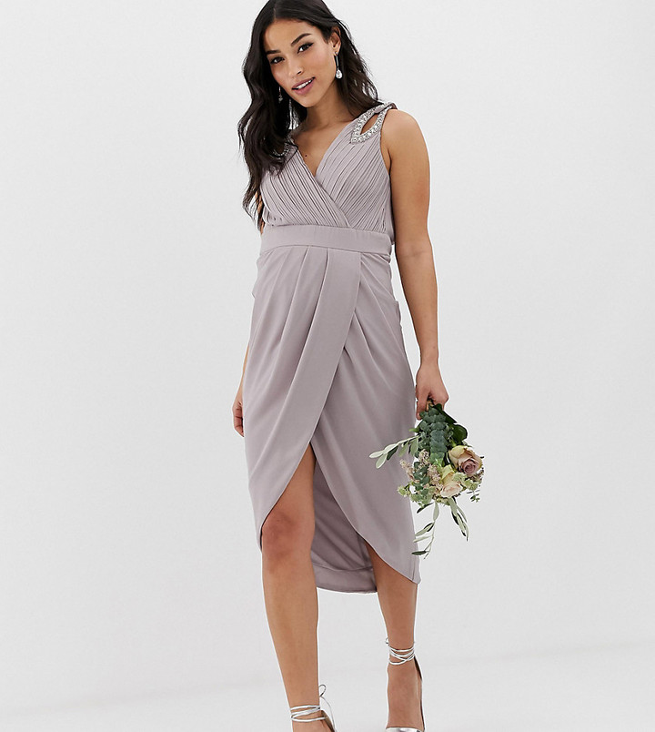 TFNC Maternity bridesmaid exclusive wrap midi dress with embellished  shoulder in gray - ShopStyle