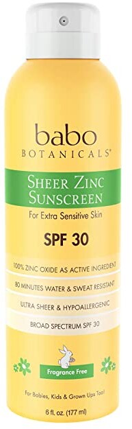 Babo Botanicals Sheer Zinc Continuous Spray Sunscreen SPF 30 with 100% Mineral Active, Non-Nano, Water-Resistant, Reef-Friendly, Fragrance-Free, Vegan, for Babies, Kids or Sensitive Skin - 6 oz.