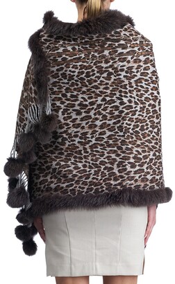 Gorski Leopard-Print Double Face Cashmere Stole with Fox Fur Trim