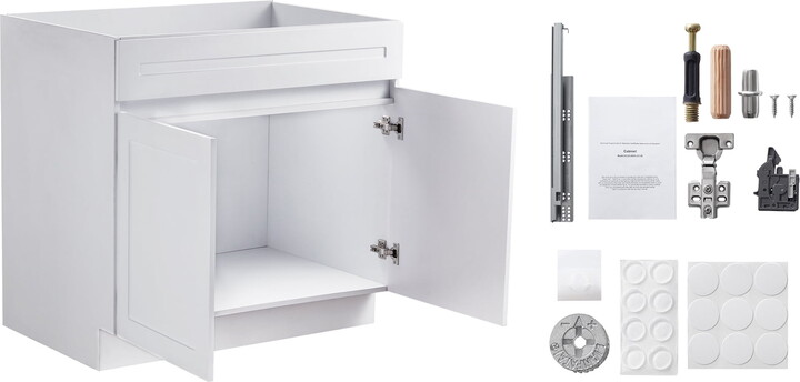 KFFKFF Unassembled White Shaker Base Cabinet, 36-Inch Sink Base Cabinet, Dimensions: 36" W x 24" D x 34.5" H, Comes with Soft-Close Doors and Adjustable Shelf, Suitable for Home Office
