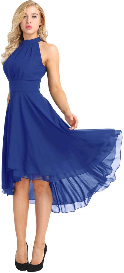 sleeveless v back high low navy blue dress