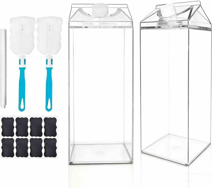 Wudkey 2-Piece 64 oz. Clear Square Plastic Reusable Leakproof Milk Carton Water Bottle with Cleaning Tool for Refrigerator