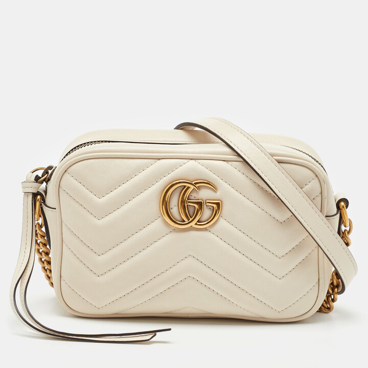 Gucci White Matelassé Leather GG Marmont Mini Camera Bag