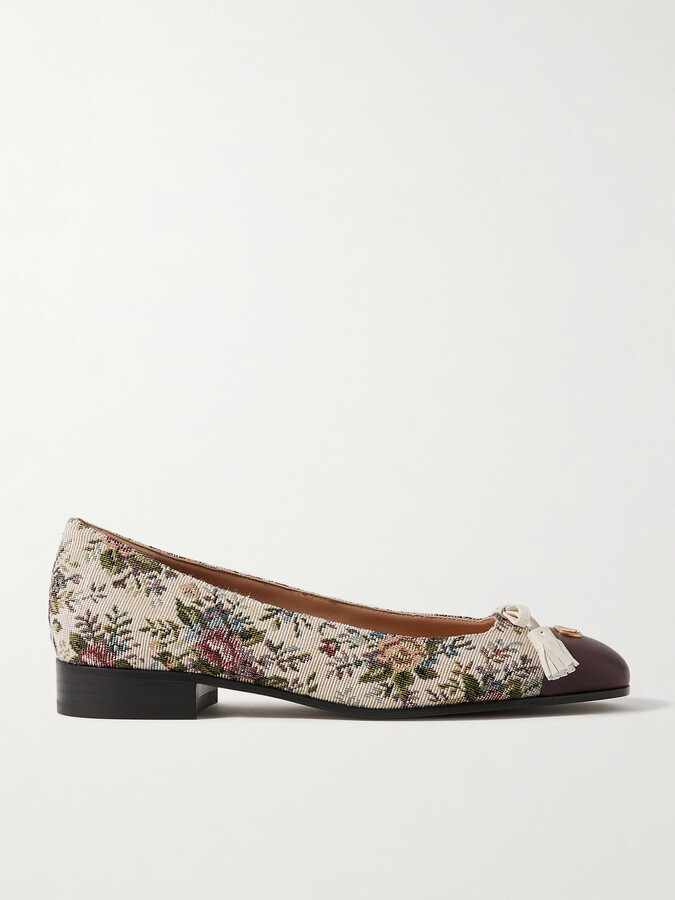 Valentino Garavani Valet Du Roi Leather-trimmed Floral-jacquard Ballet Flats - Neutrals