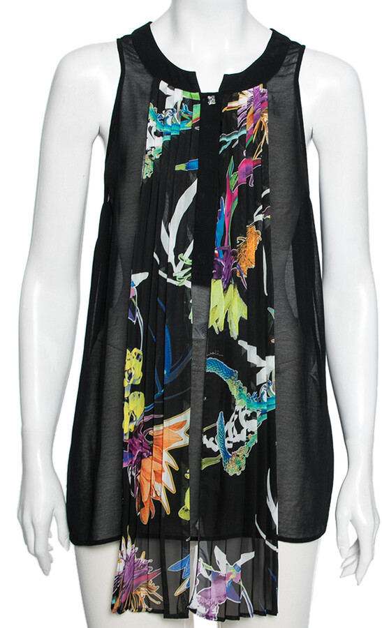 Just Cavalli Black Crepe Pleated Front Tie Detail Sleeveless Top M